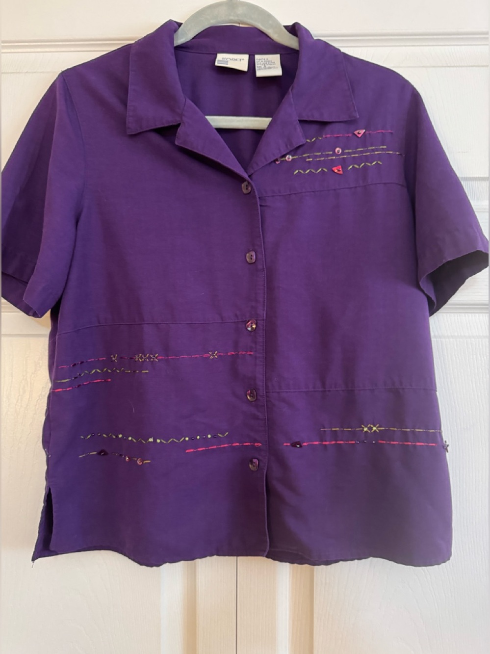 Koret Purple Short-Sleeve Button-Down Shirt with Embroidered Accents